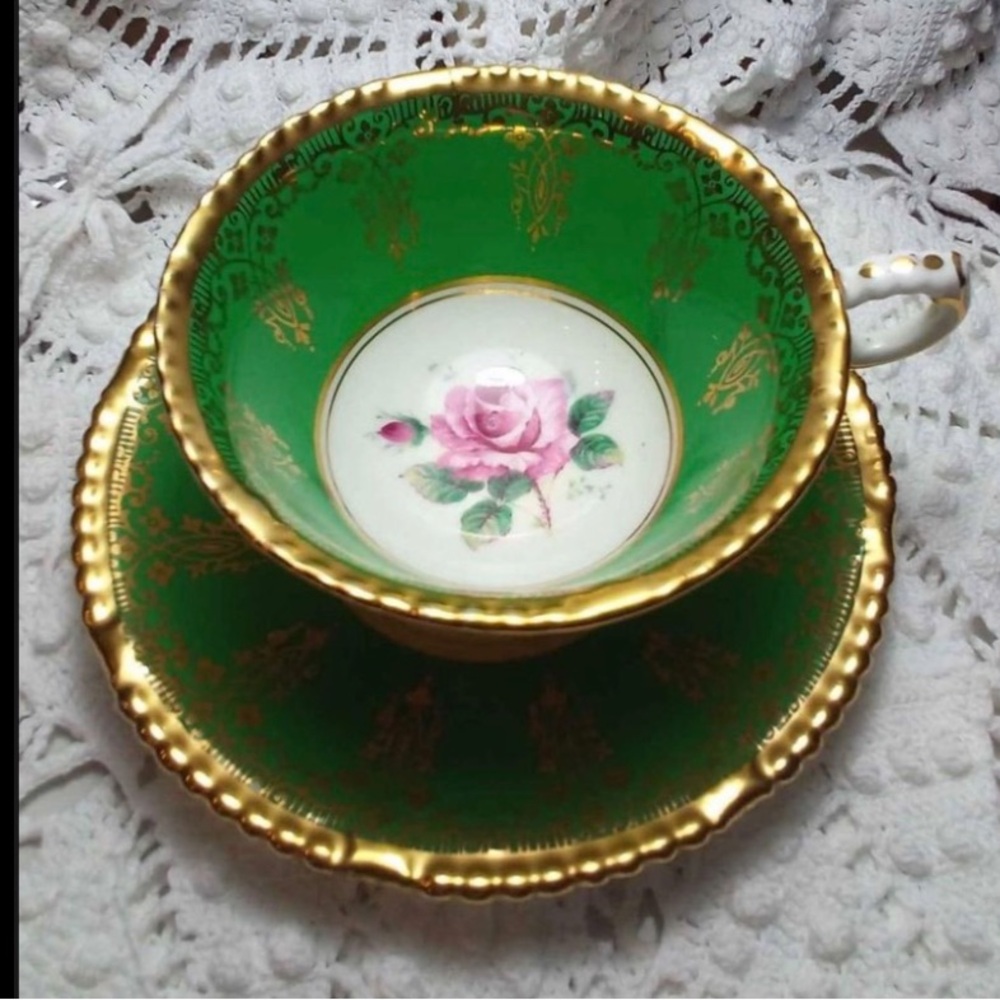 Vintage Paragon Double Warrant Cabbage Rose Green Heavy Gold Teacup And Saucer